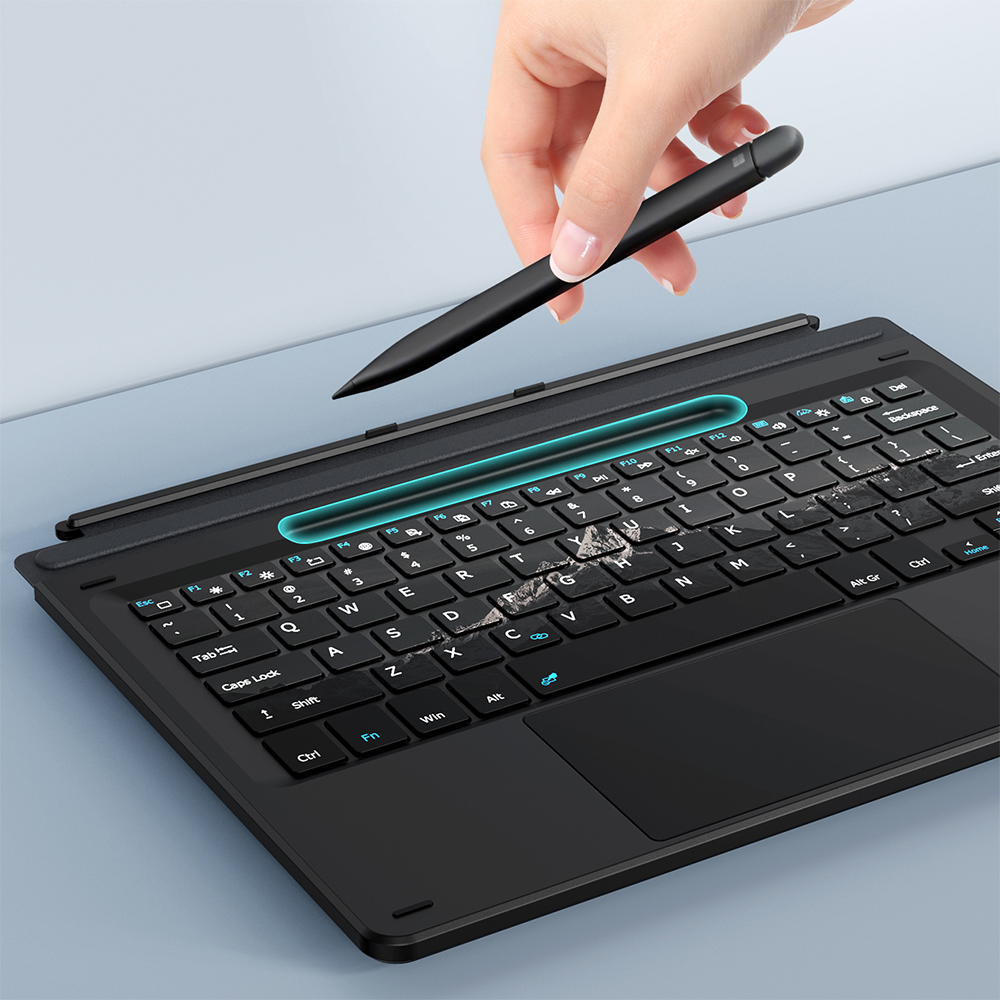 Dux Ducis CK Pro Series, ciche klawisze, precyzja pisania, podświetlenie, Bluetooth, czarne, ze wzorem śnieżnych gór na klawiaturze